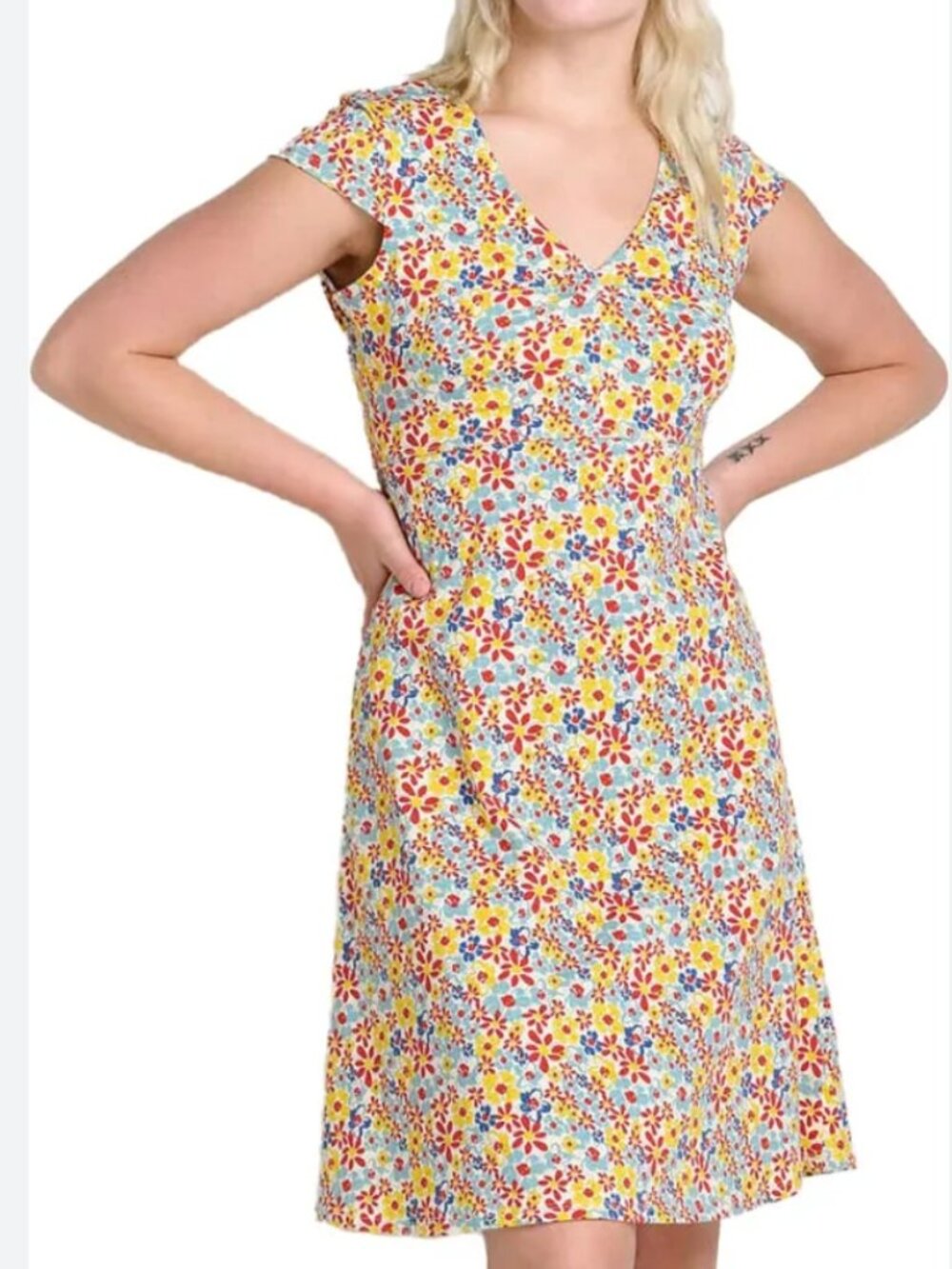 Toad & Co. Women's Size Large Yellow Blue Floral Rosemarie Dress
